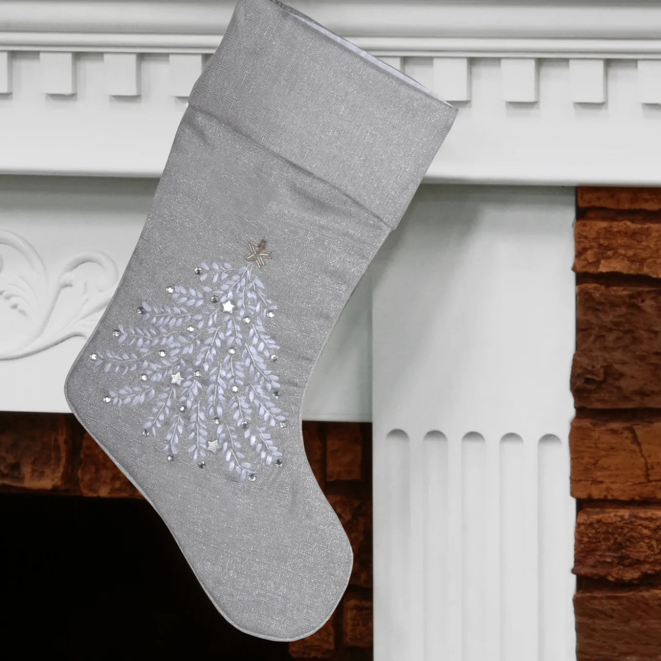 19 in. Silver Stocking with Christmas Tree Design