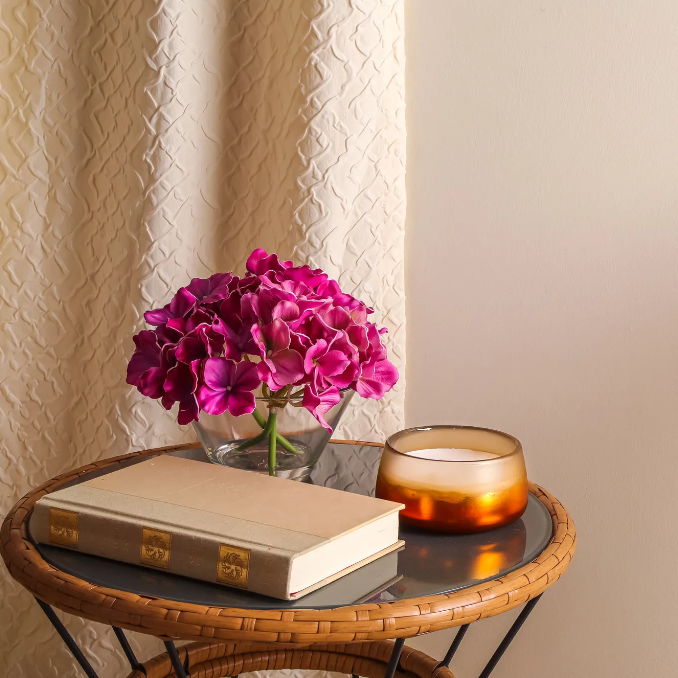 8 in. Spring Dark Purple Hydrangea Bouquet in Glass Vase