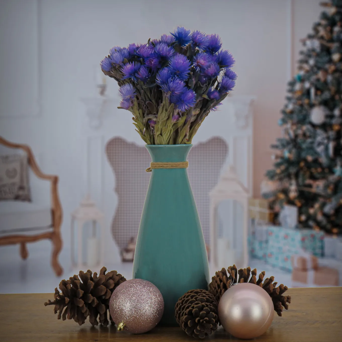 16 in. Spring Dried Blue Capeblumen Flowers Bouquet