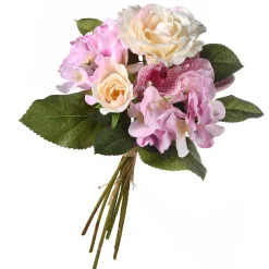 13 in. Spring Floral Bouque with Purple Roses and White Orchid Blooms, Leafy Greens