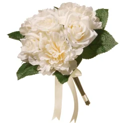 12 in. Spring Floral Bouquet with Cream Rose and Peony Blooms, Ribbon, Seed Pods, Leafy Greens