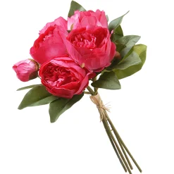 14 in. Spring Floral Bouquet with Bright Pink Peony Blooms, Leafy Greens