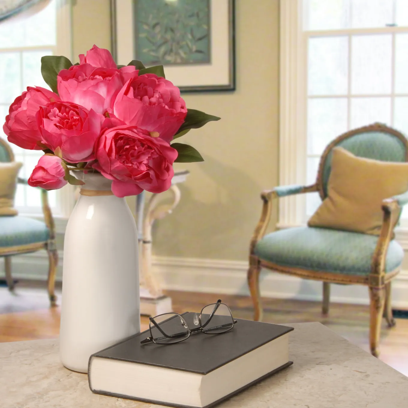 14 in. Spring Floral Bouquet with Bright Pink Peony Blooms, Leafy Greens