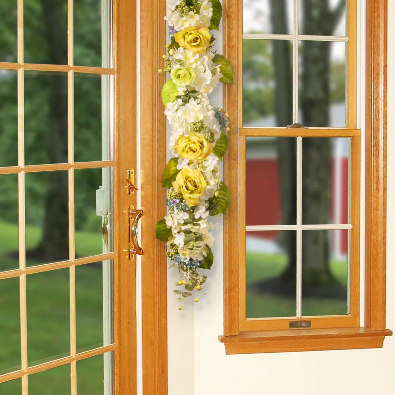 48 in. Spring Floral Wall Décor with Yellow Roses, White Hydrangeas, Berry Clusters