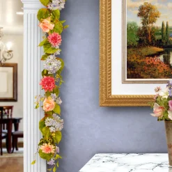 70 in. Spring Garland with Multicolor Hydrangea, Rose and Dahlia Blooms, Berry Clusters, Leafy Greens