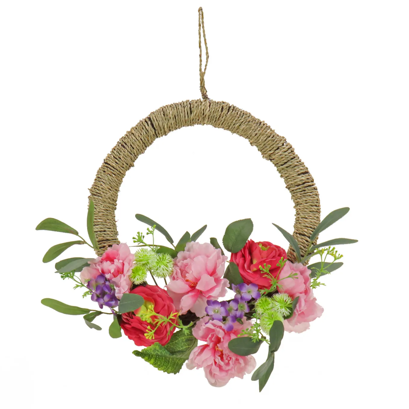 16 in. Spring Hoop Wreath with Peony, Rose, and Globe Flower Blooms