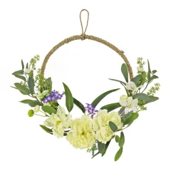 18 in. Spring Hoop Wreath with Peony Flower Blooms, Mini Blossoms, and Flowing Green Stems