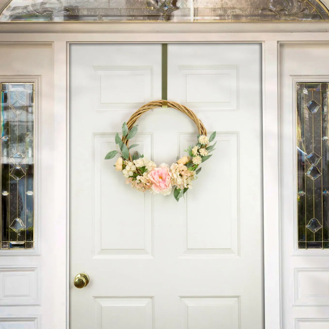 19 in. Spring Hoop Wreath with Wild Rose and Peony Flowers