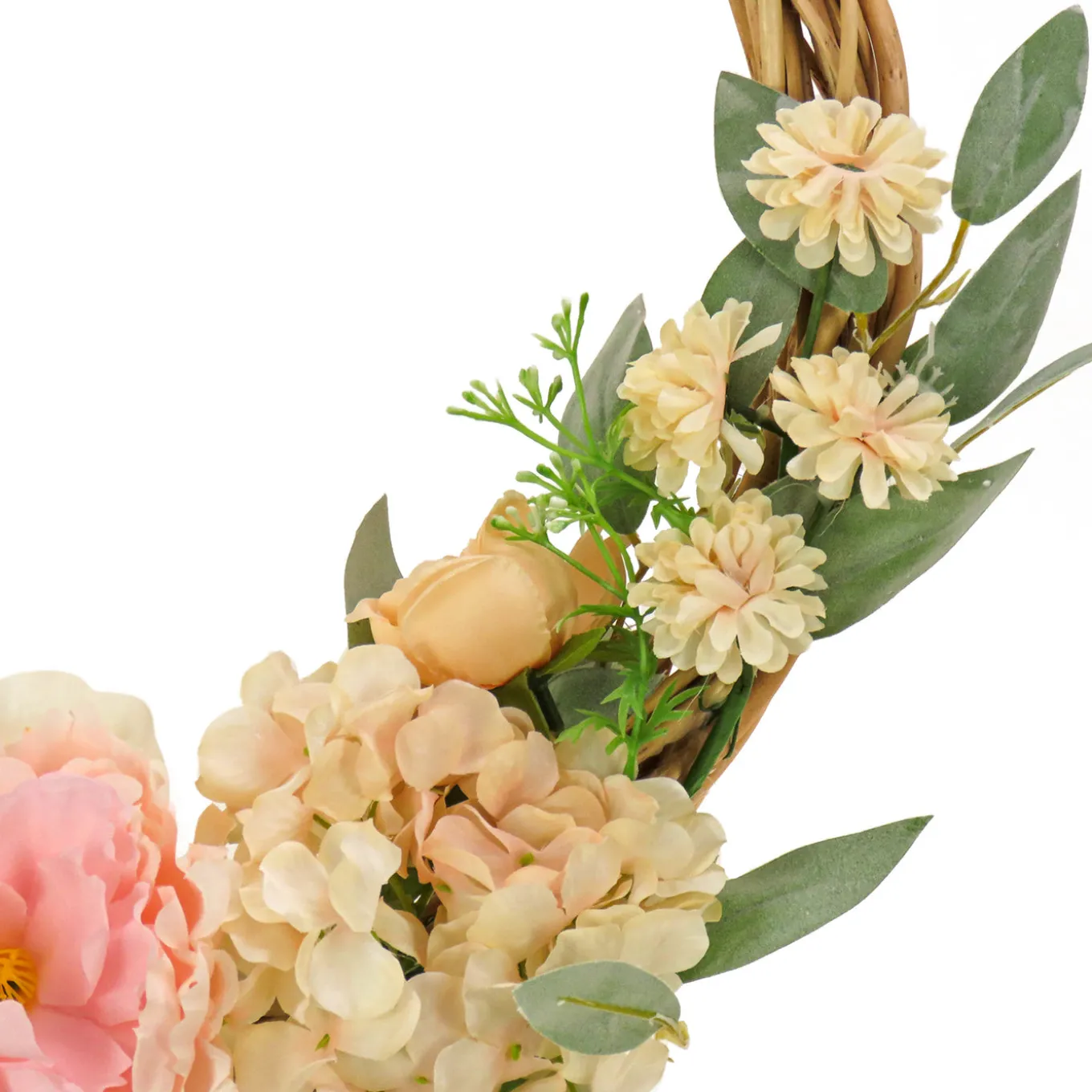 19 in. Spring Hoop Wreath with Wild Rose and Peony Flowers