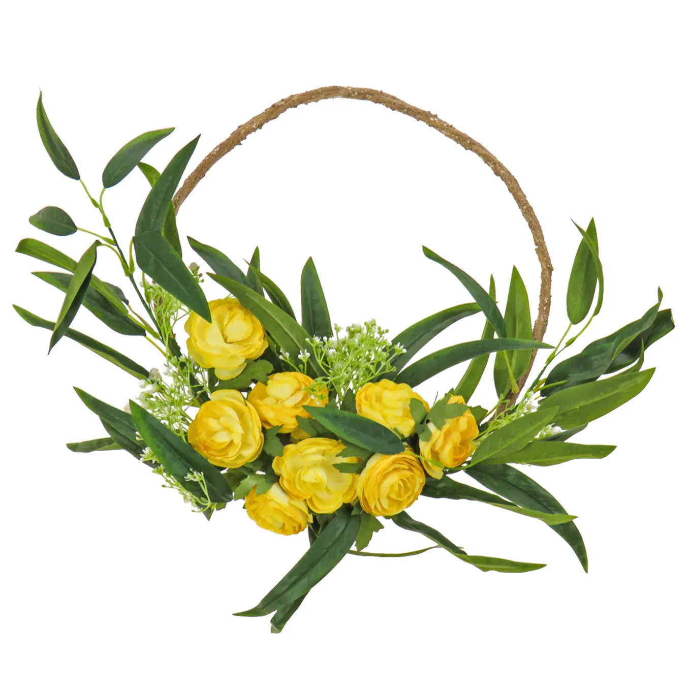 16 in. Spring Hoop Wreath with Buttercup Blooms, Baby’s Breath, and Flowing Green Stems