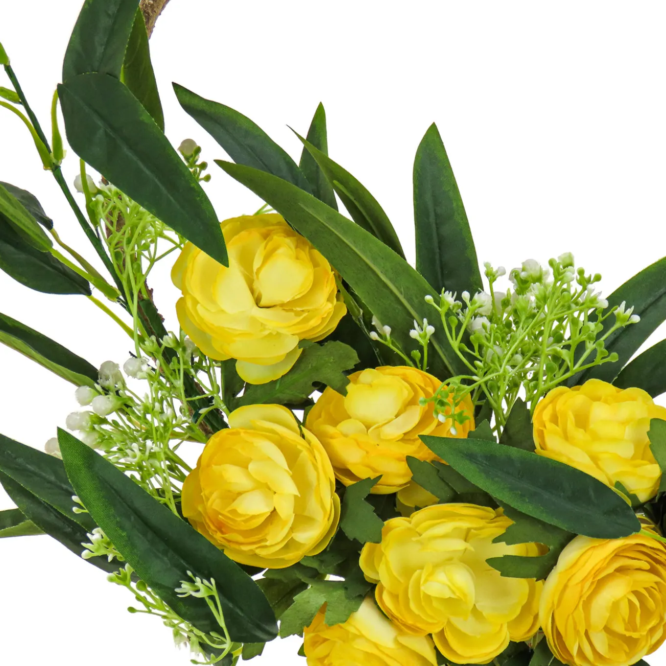 16 in. Spring Hoop Wreath with Buttercup Blooms, Baby’s Breath, and Flowing Green Stems