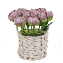 10 in. Spring Light Purple Peony Flower Bouquet in White Basket