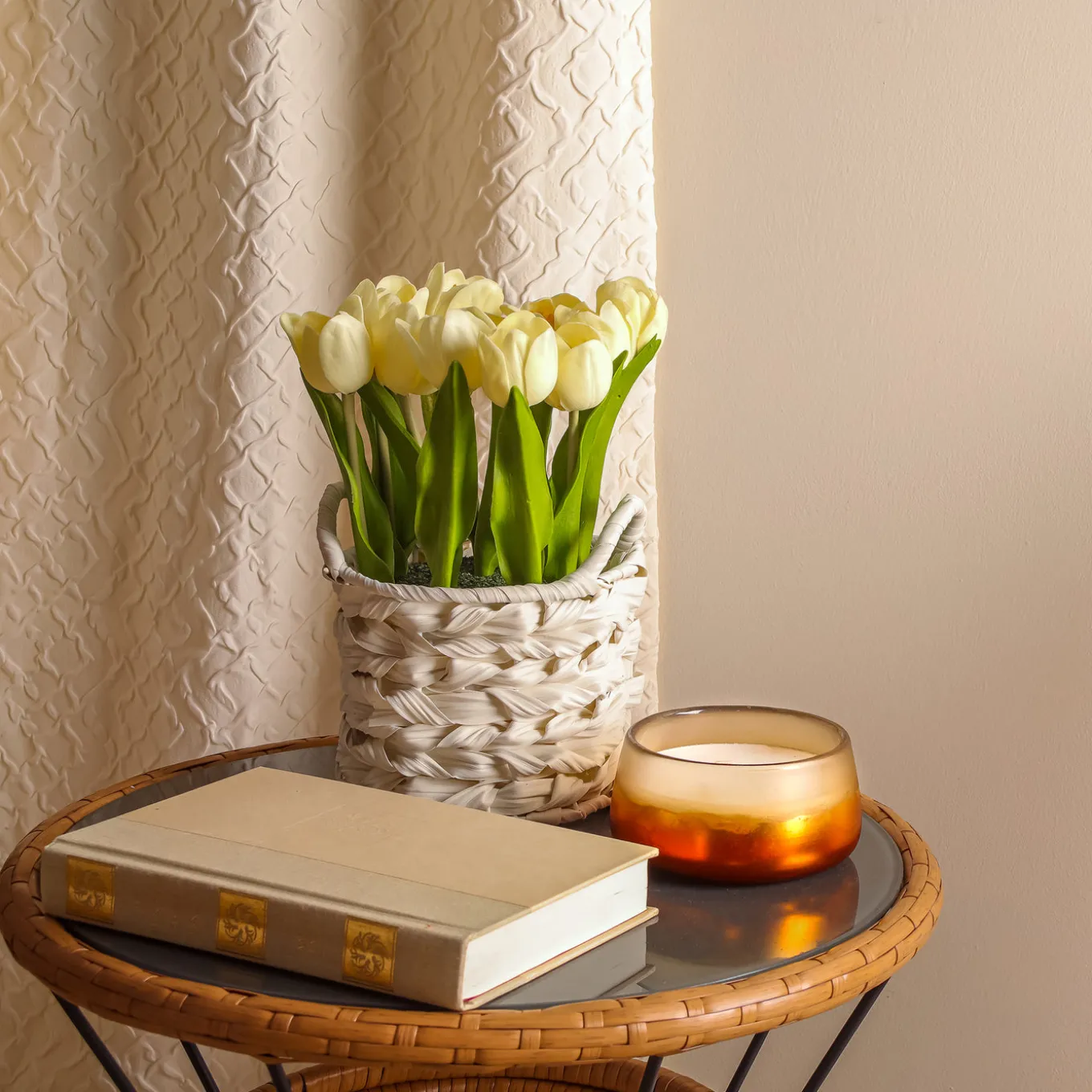 10 in. Spring Light Yellow Tulip Bouquet in White Basket