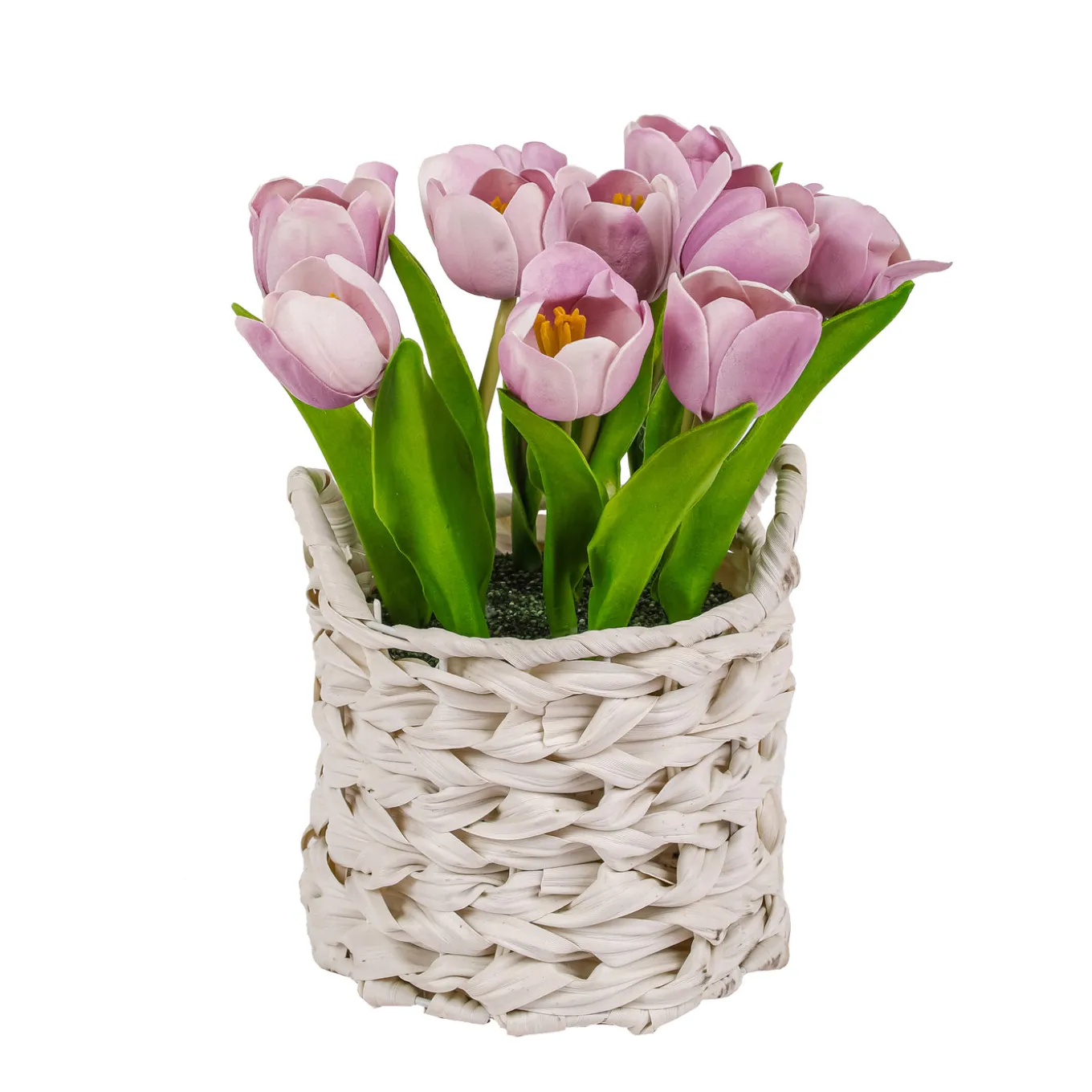 10 in. Spring Mauve Tulip Bouquet in White Basket
