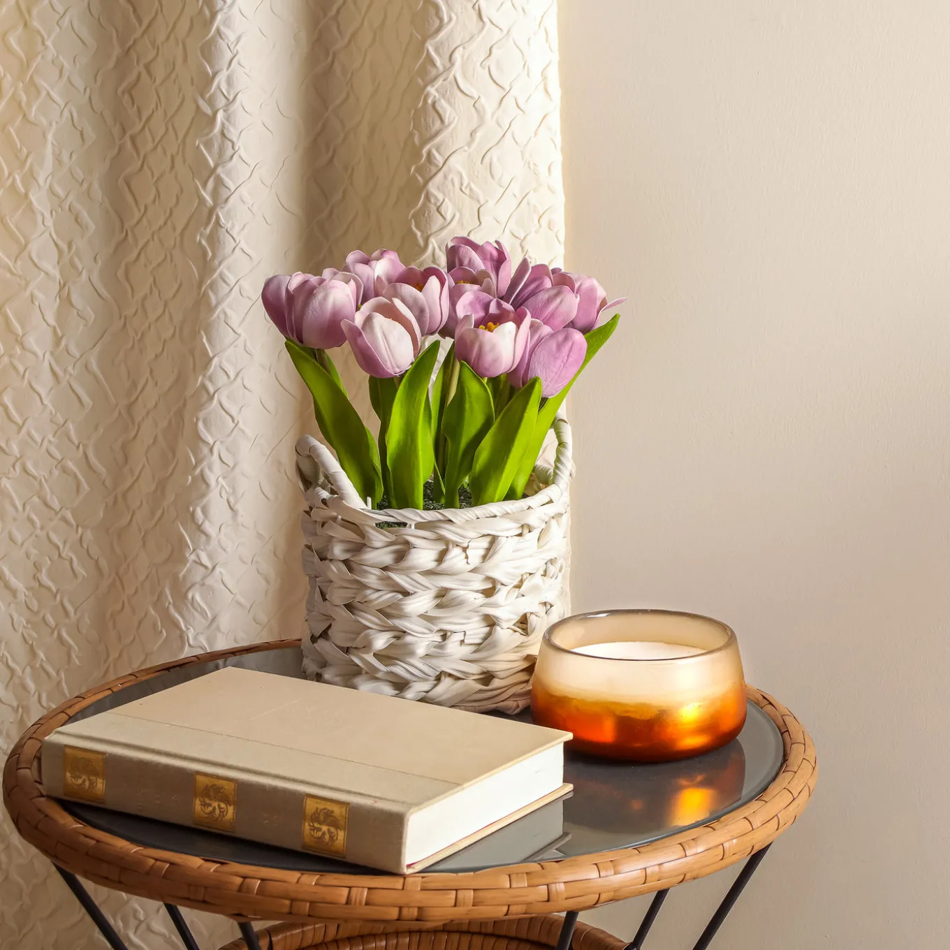 10 in. Spring Mauve Tulip Bouquet in White Basket