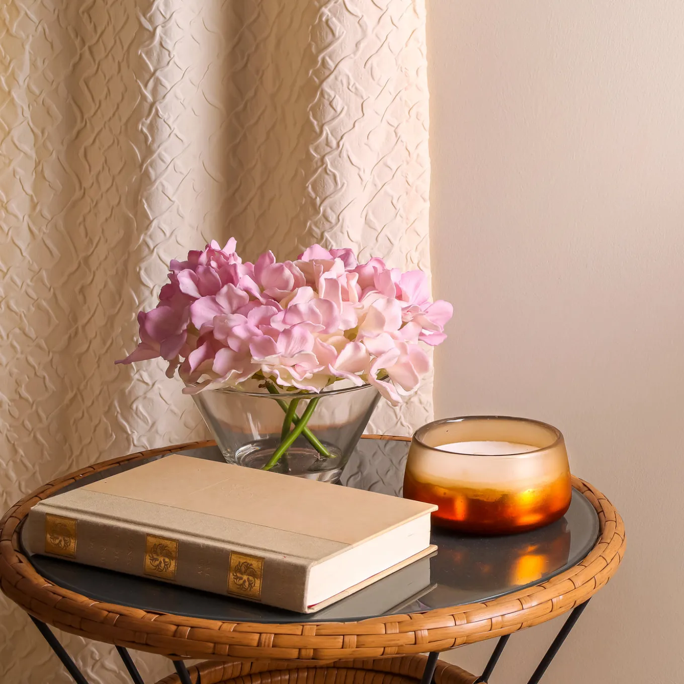 8 in. Spring Mixed Mauve Hydrangea Bouquet in Glass Vase