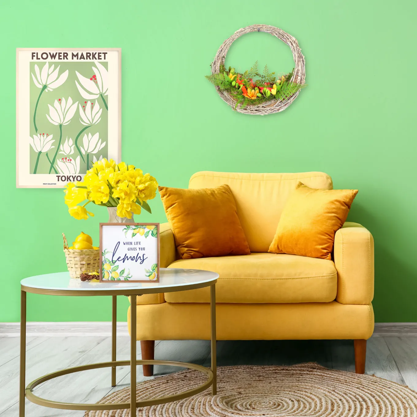 15 in. Spring Multi Floral Hammock Wreath with Multi Floral Colorful Wood Flowers and Mossy Greenery