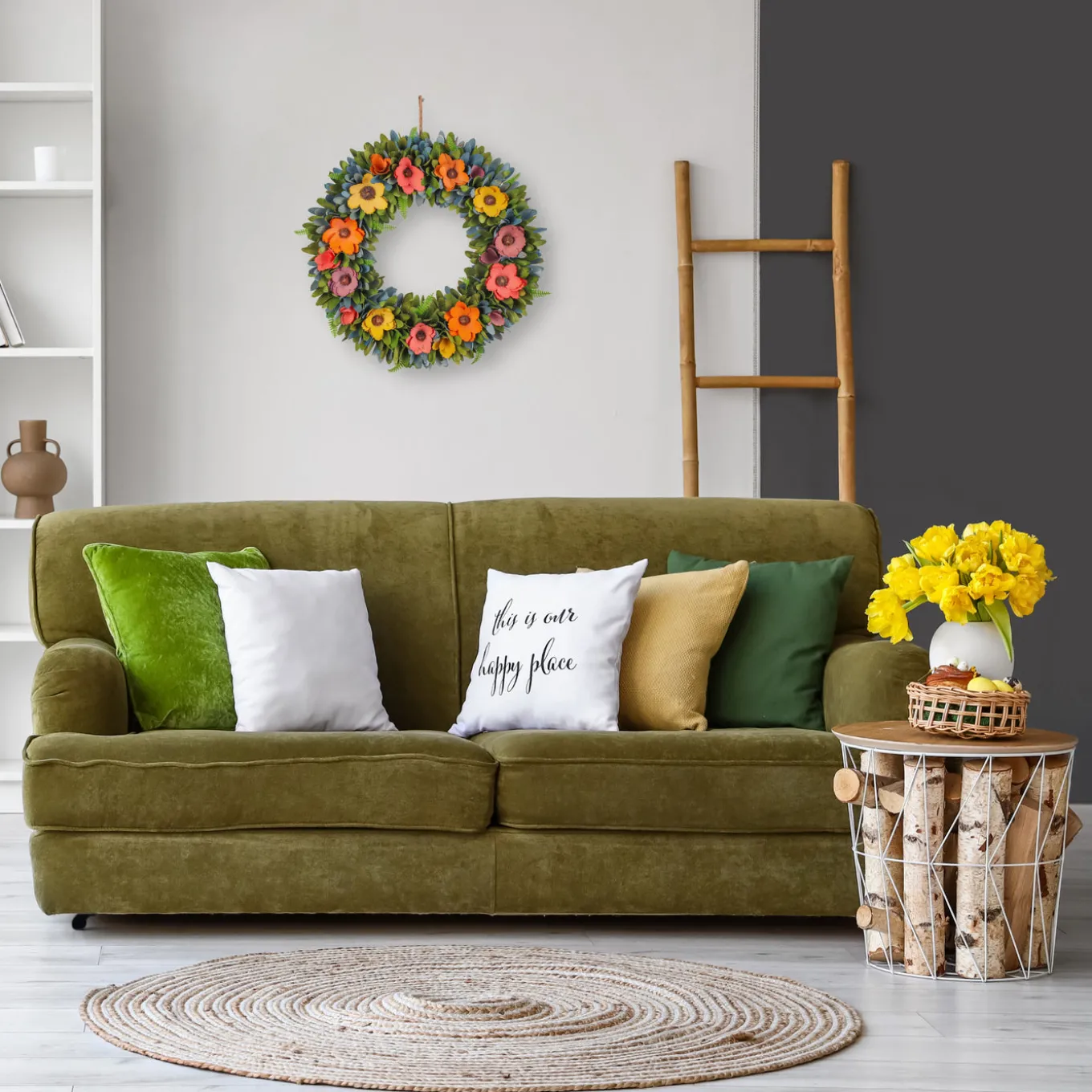 18 in. Spring Multicolor Floral Wreath with Fern