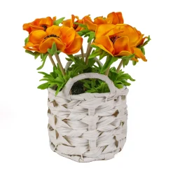 10 in. Spring Orange Anemone Flower Bouquet in White Basket