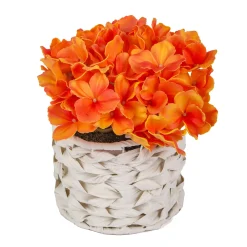 10 in. Spring Orange Hydrangea Bouquet in White Basket