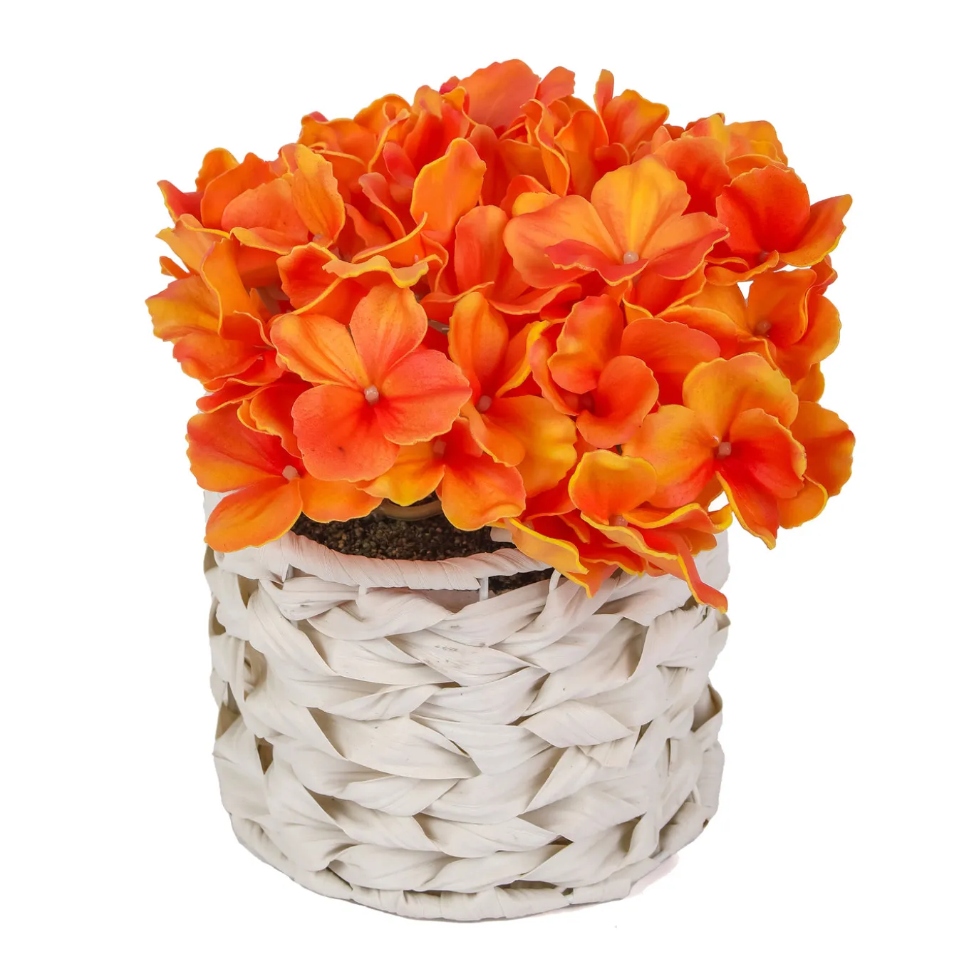 10 in. Spring Orange Hydrangea Bouquet in White Basket