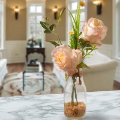 13 in. Spring Peach Roses Flower Bouquet in Glass Vase with Leafy Greens