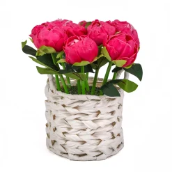 10 in. Spring Pink Peony Flower Bouquet in White Basket