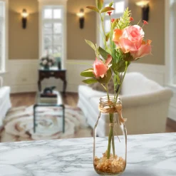 12 in. Spring Pink Roses Flower Bouquet in Glass Vase with Leafy Greens