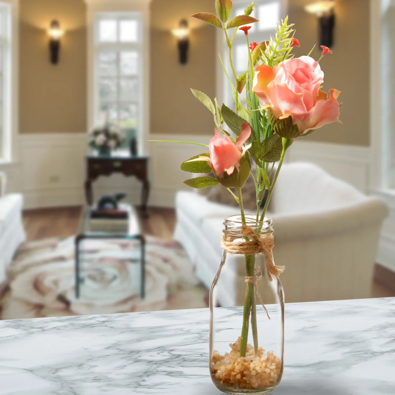 12 in. Spring Pink Roses Flower Bouquet in Glass Vase with Leafy Greens