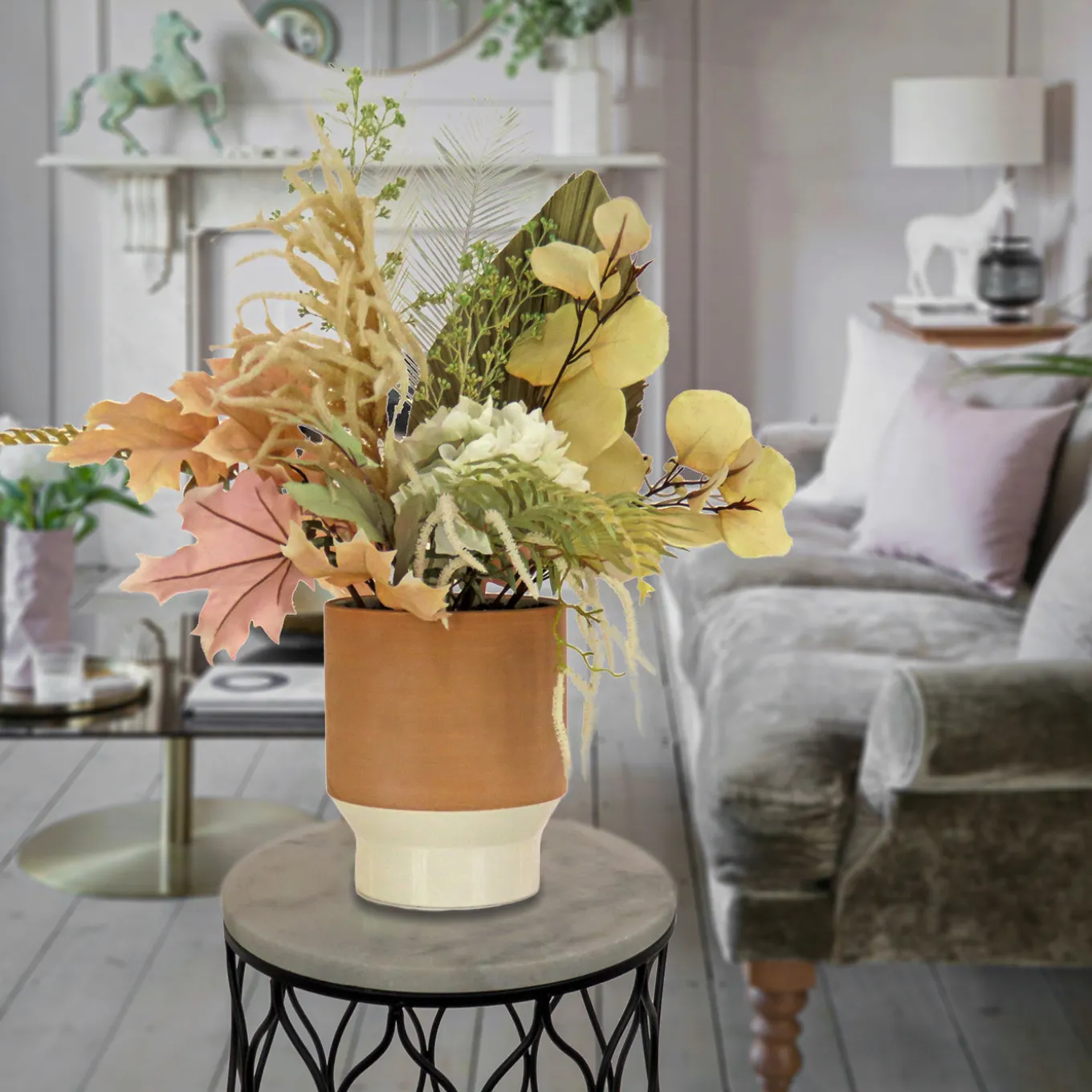 32 in. Spring Potted Plant Table Decoration with Assorted Palms, Leaves, Hydrangea