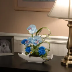 15 in. Spring Potted White Orchid and Blue Roses Flower Pot with Leafy Greens