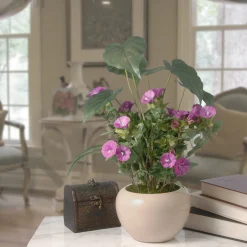 18 in. Spring Purple Flower Blooms Potted Plant in a Cream Ceramic Pot