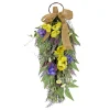 26 in. Spring Teardrop Wall Hanging Decoration with Pansy Blooms, Lavender, Assorted Blossoms, Flowing Green Stems