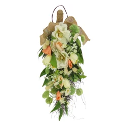 26 in. Spring Teardrop Wall Hanging Decoration with Tulip Blooms, Poppies, Buttercup Blossoms, Flowing Green Stems