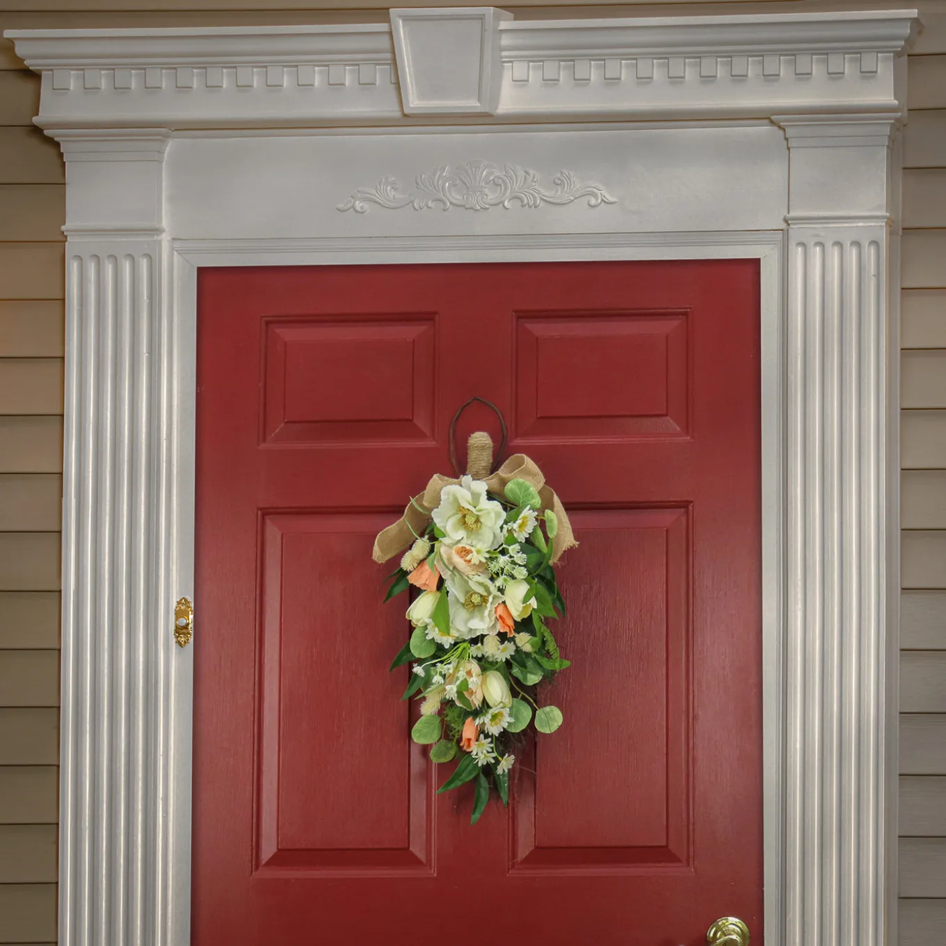 26 in. Spring Teardrop Wall Hanging Decoration with Tulip Blooms, Poppies, Buttercup Blossoms, Flowing Green Stems