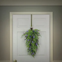 30 in. Spring Teardrop Wall Hanging Decoration with Astilbe Flower Blooms, Ferns, Leafy Greens