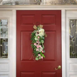 26 in. Spring Teardrop Wall Hanging Decoration with Hydrangea and Tulip Blooms, Eucalyptus Leaves, Flowing Green Stems