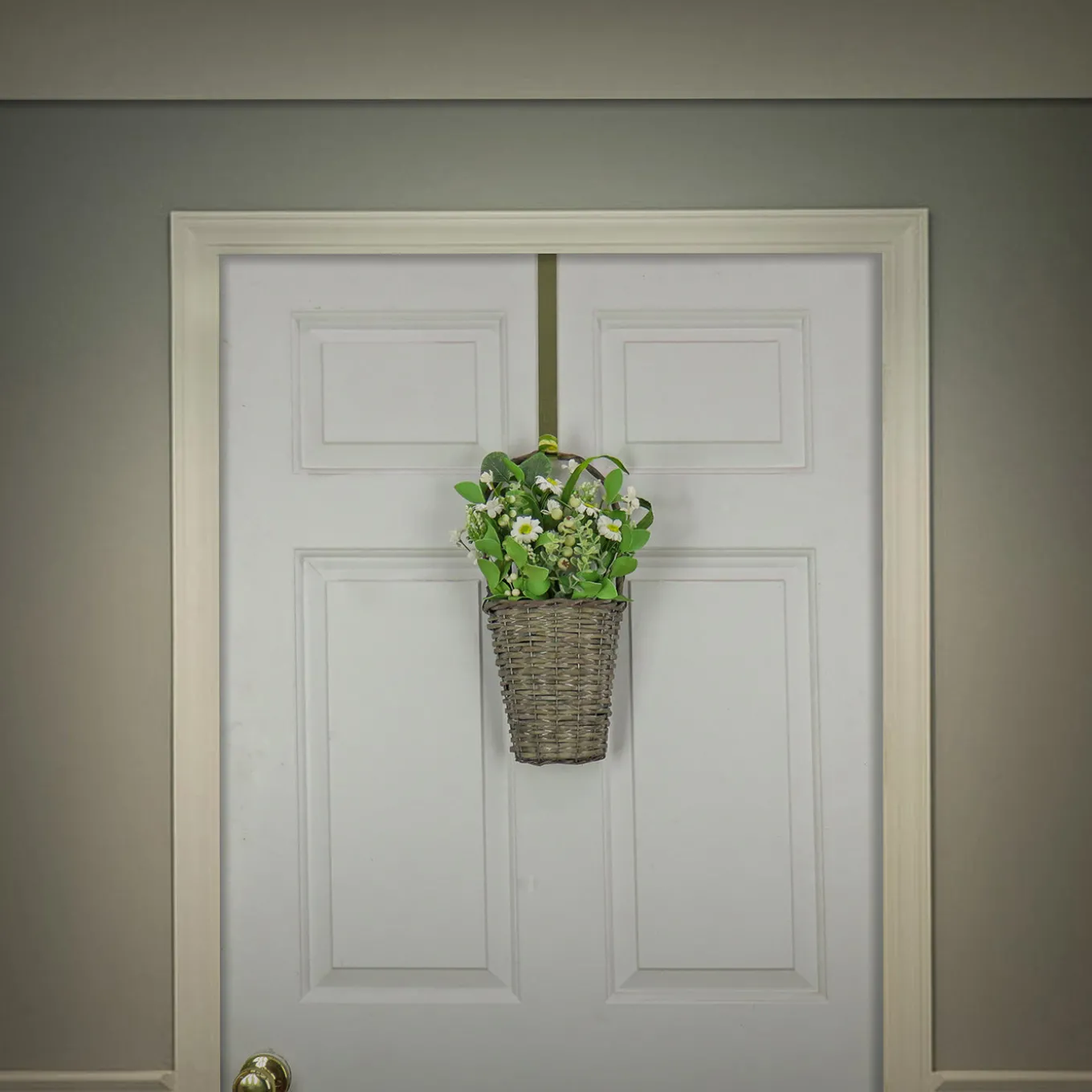 18 in. Spring Wall Hanging Baske with Daisy Flowers, Berries, Leafy Greens