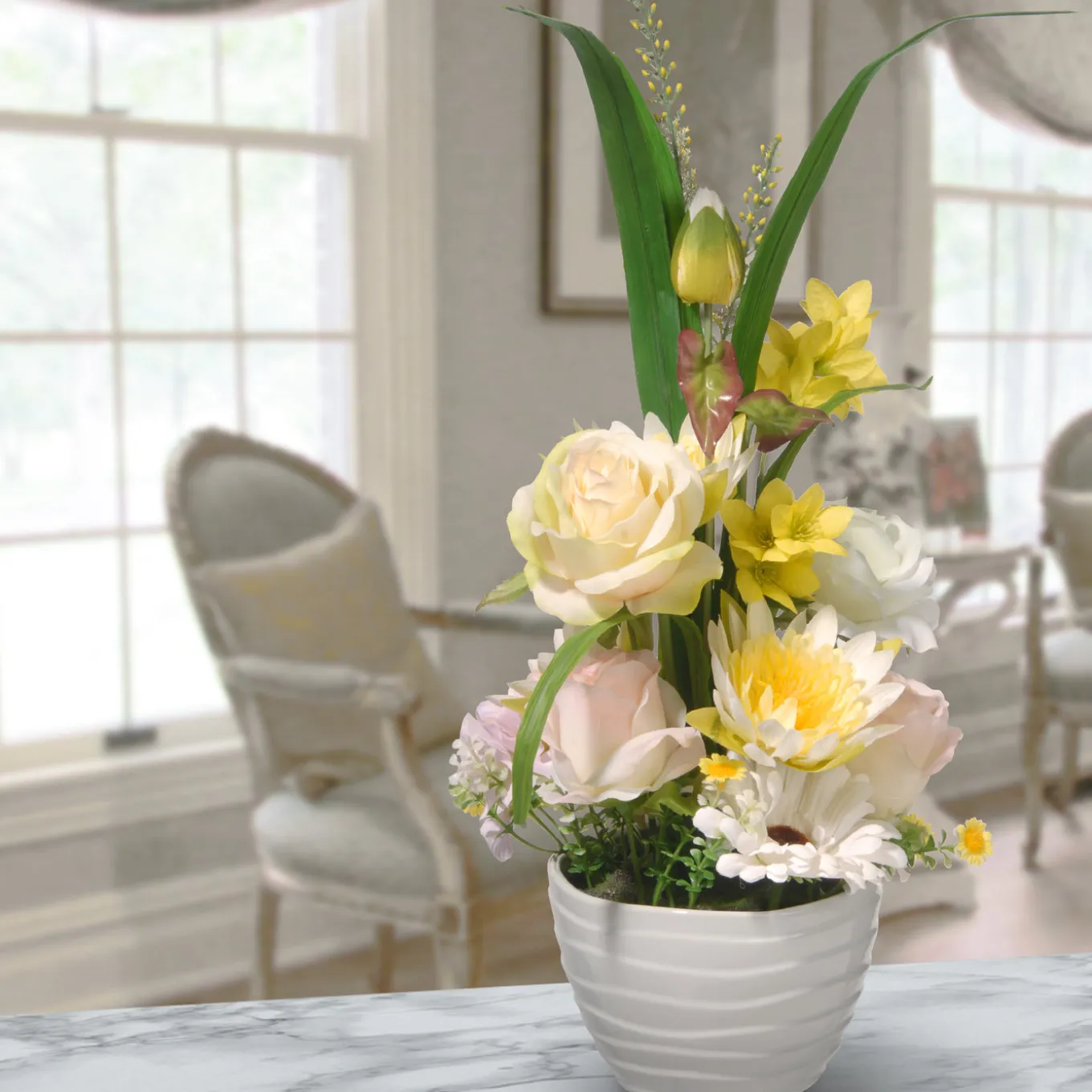 17 in. Spring White Daises and Roses Flower Pot with Leafy Greens