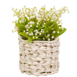 11 in. Spring White Lily-of-the-Valley Flowers in White Basket