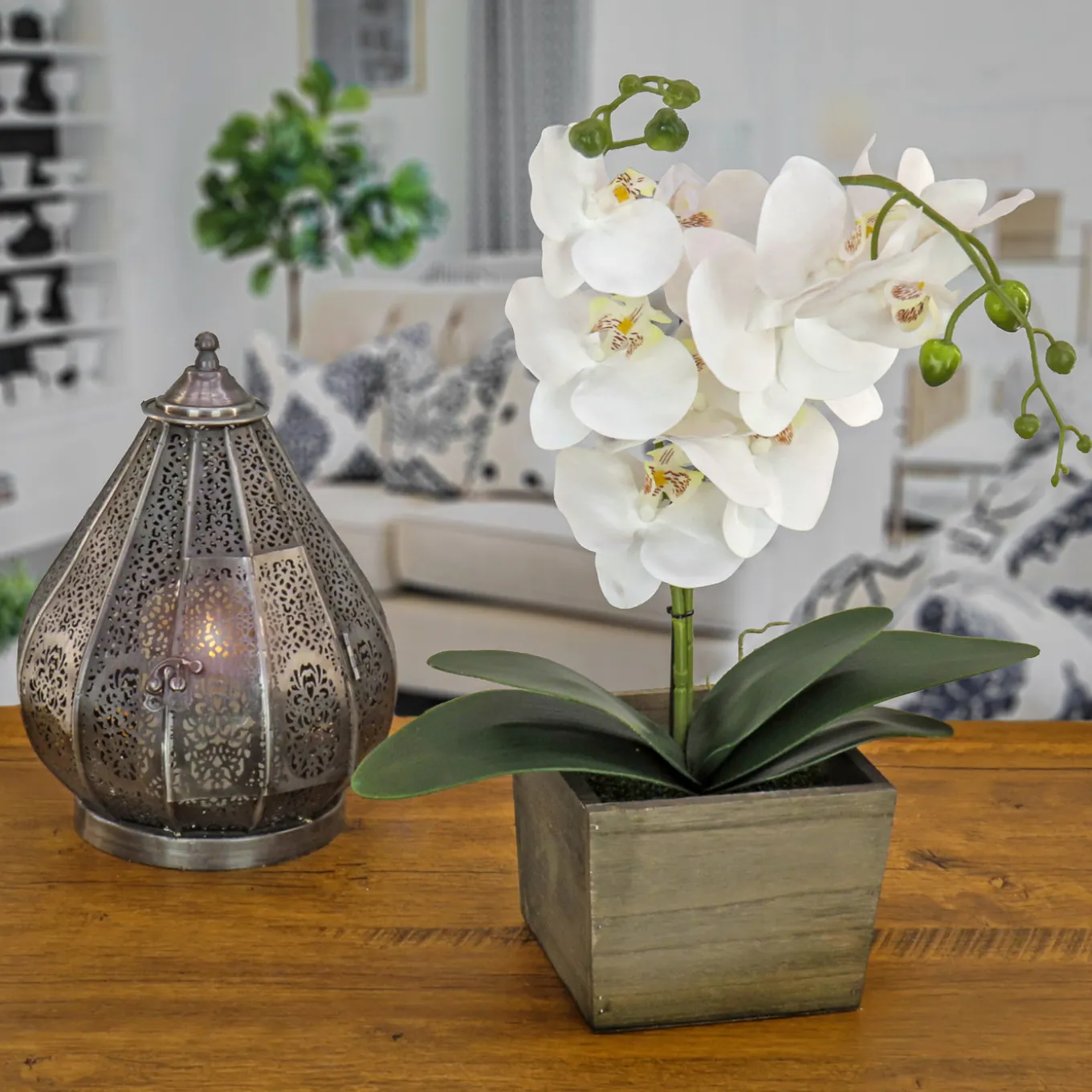 21 in. Spring White Orchid Flower in Wood Box