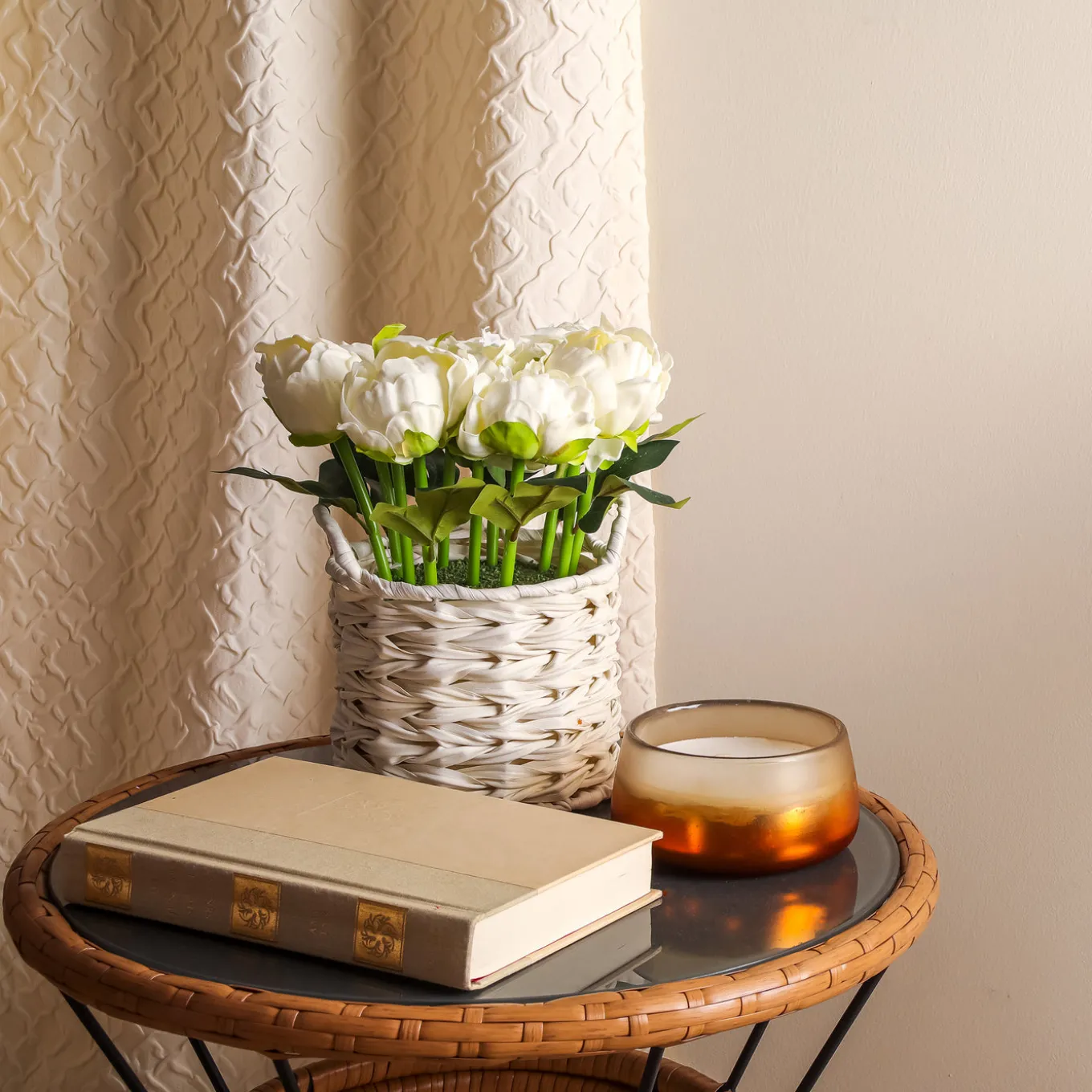 10 in. Spring White Peony Flower Bouquet in White Basket