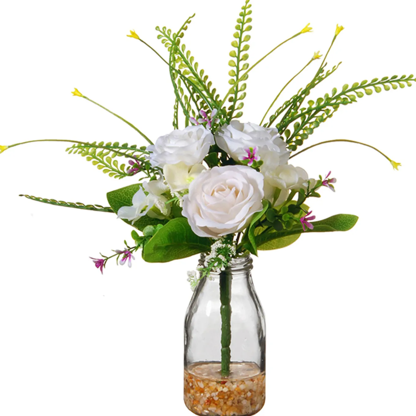 12 in. Spring White Roses Flower Bouquet in Glass Vase with Leafy Greens