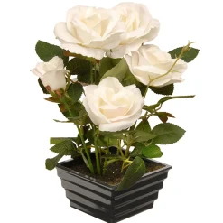 11 in. Spring White Roses Flower Potted Plant in a Black Base