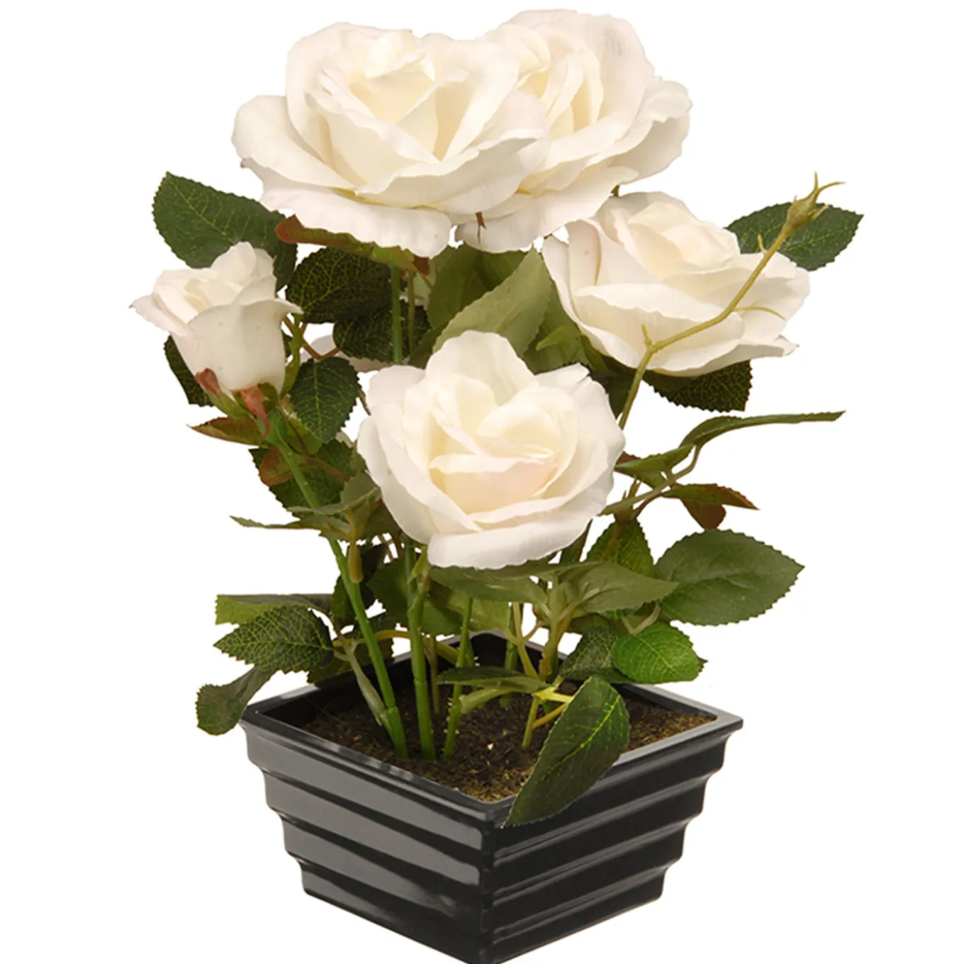 11 in. Spring White Roses Flower Potted Plant in a Black Base