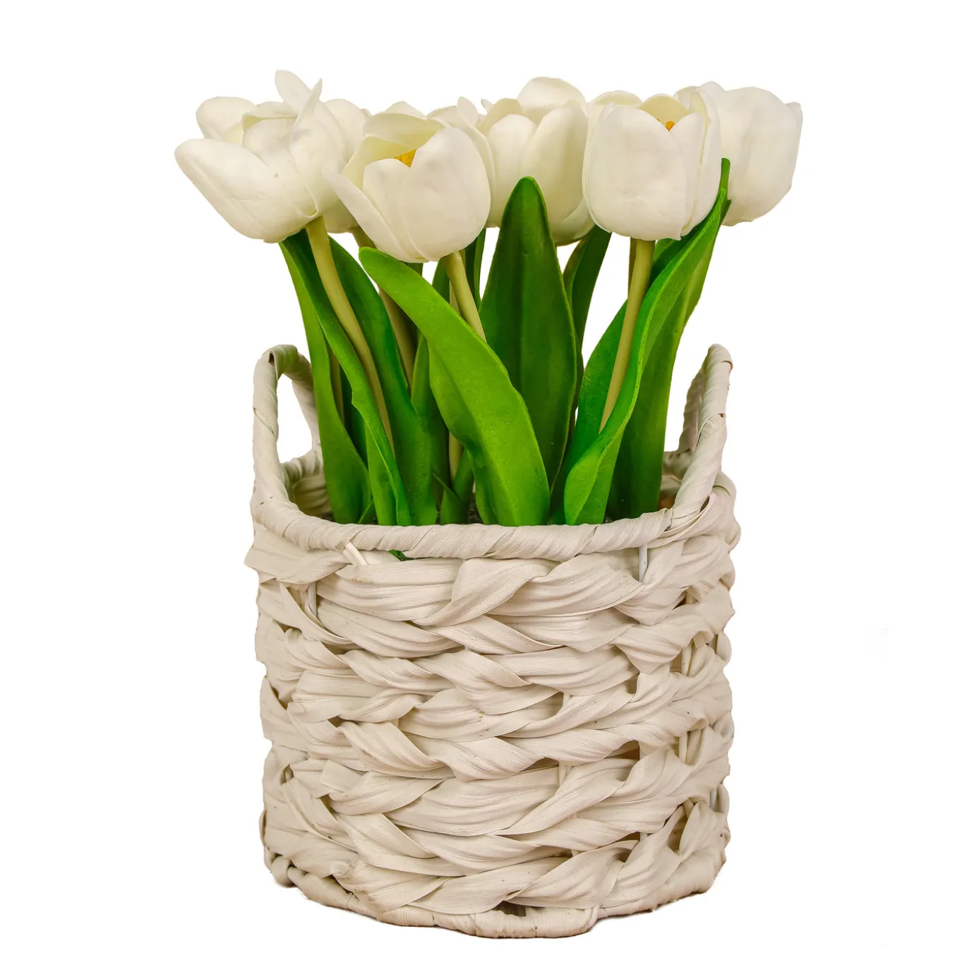 10 in. Spring White Tulip Bouquet in White Basket