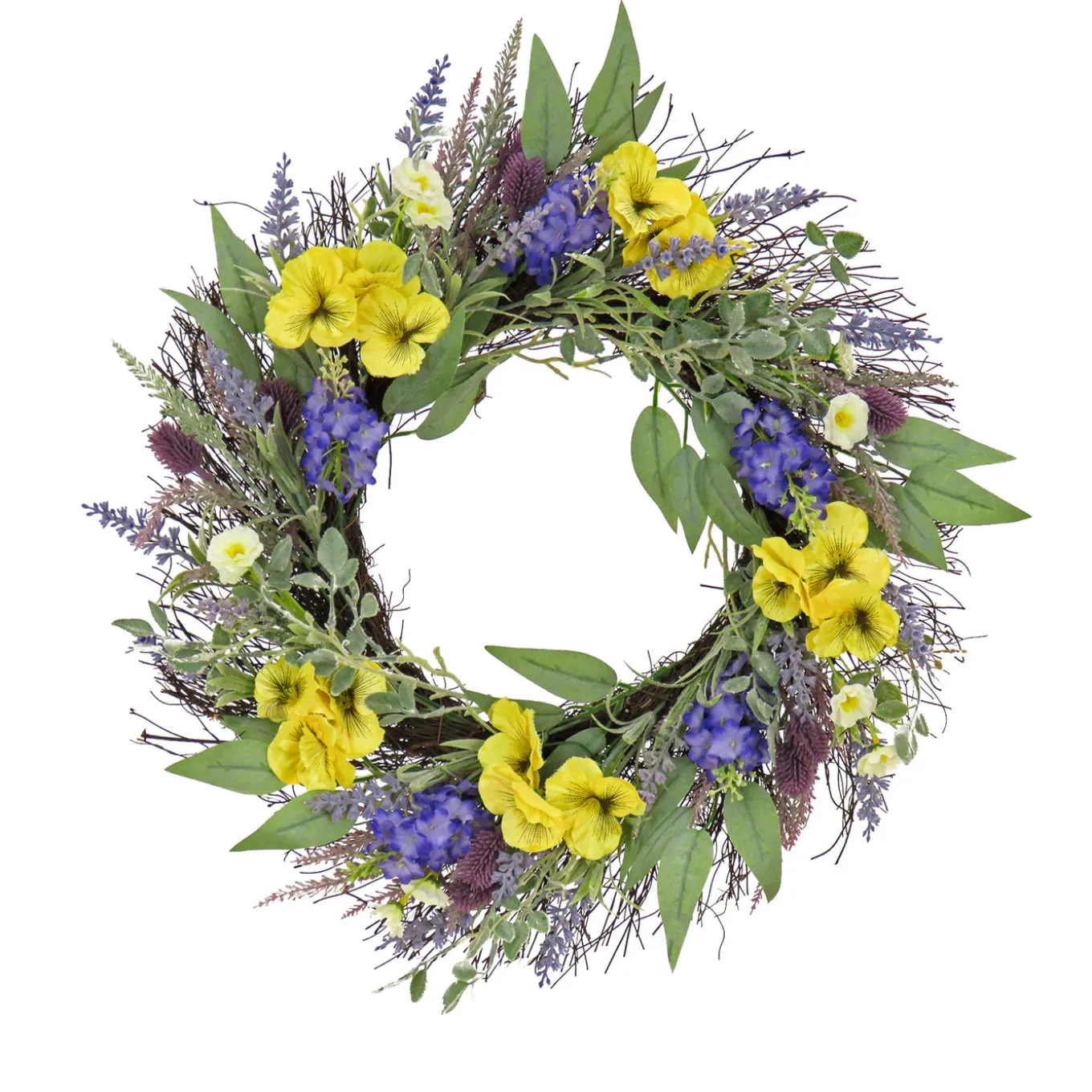 22 in. Spring Wreath with Pansy Blooms, Lavender, and Assorted Blossoms