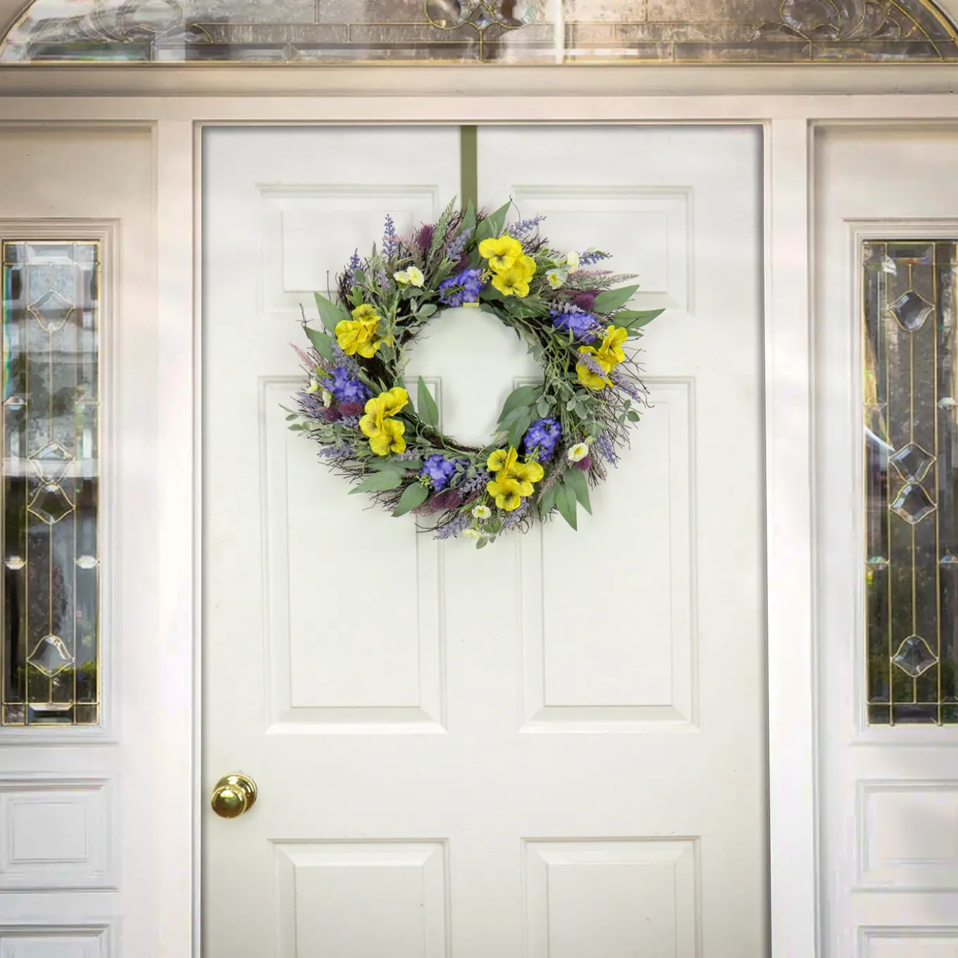 22 in. Spring Wreath with Pansy Blooms, Lavender, and Assorted Blossoms