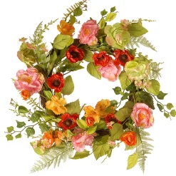 22 in. Spring Wreath with Assorted Flowers, Fern Fronds, and Leafy Greens