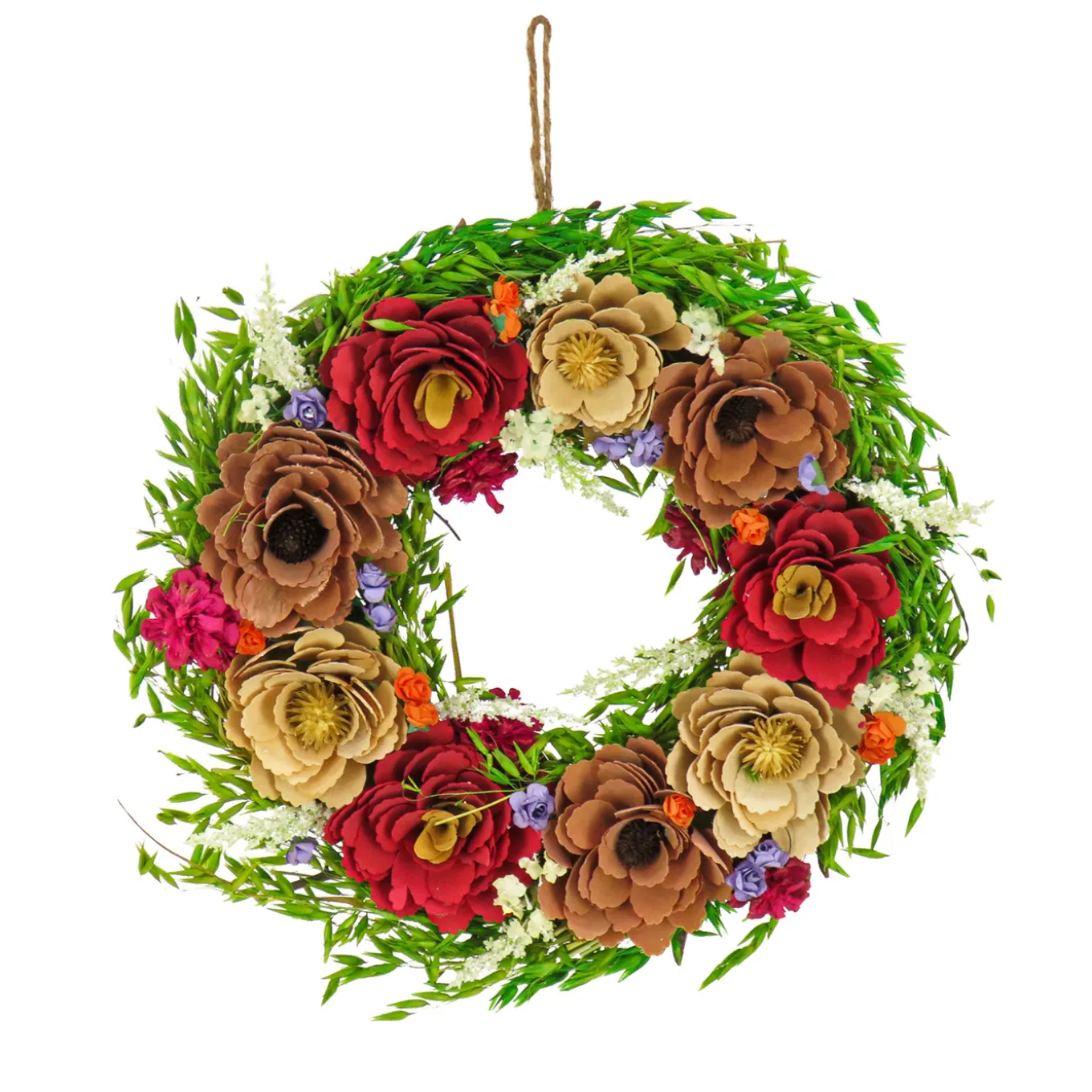 17 in. Spring Wreath with Assorted Spring Flower Blooms, Seed Pods, Flowing Green Stems